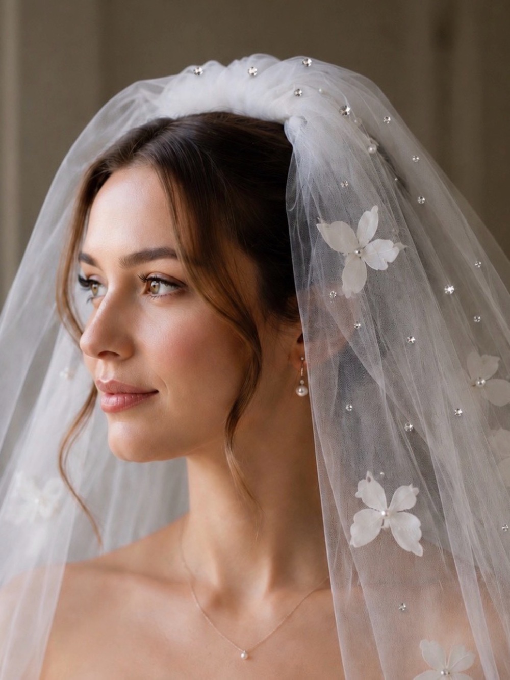 Bridal Tulle Butterfly Appliqué Veil with Pearl and Crystal Accents - White